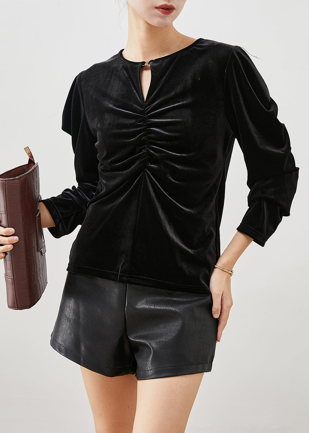 Fitted Black Puff Sleeve Wrinkled Silk Velour Shirts - Omychic