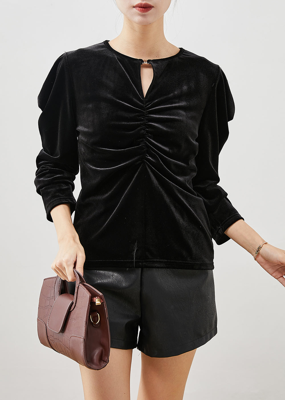 Fitted Black Puff Sleeve Wrinkled Silk Velour Shirts - Omychic