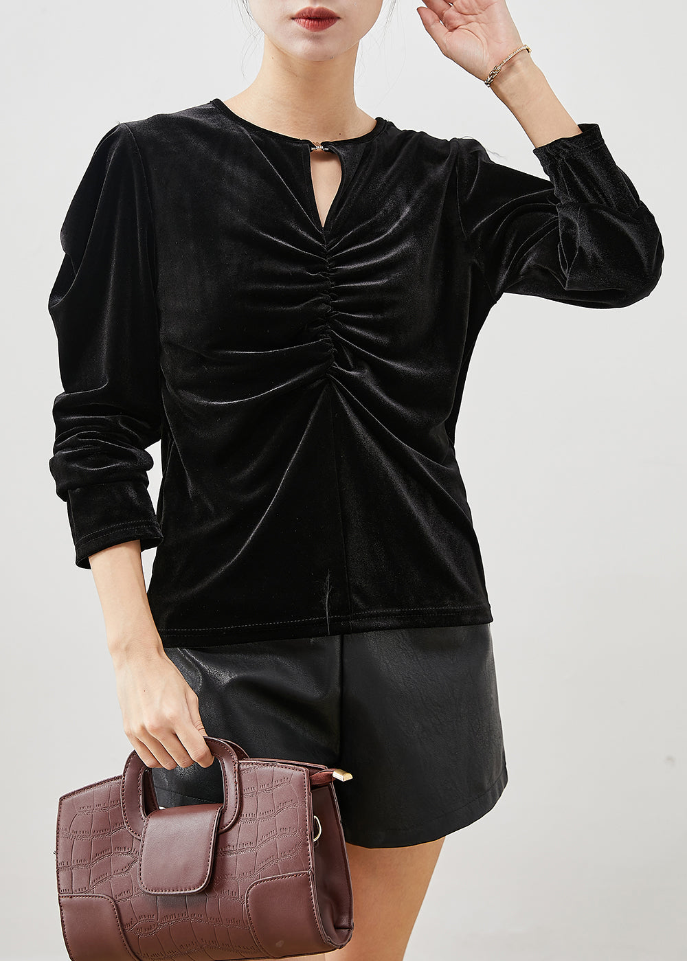 Fitted Black Puff Sleeve Wrinkled Silk Velour Shirts - Omychic