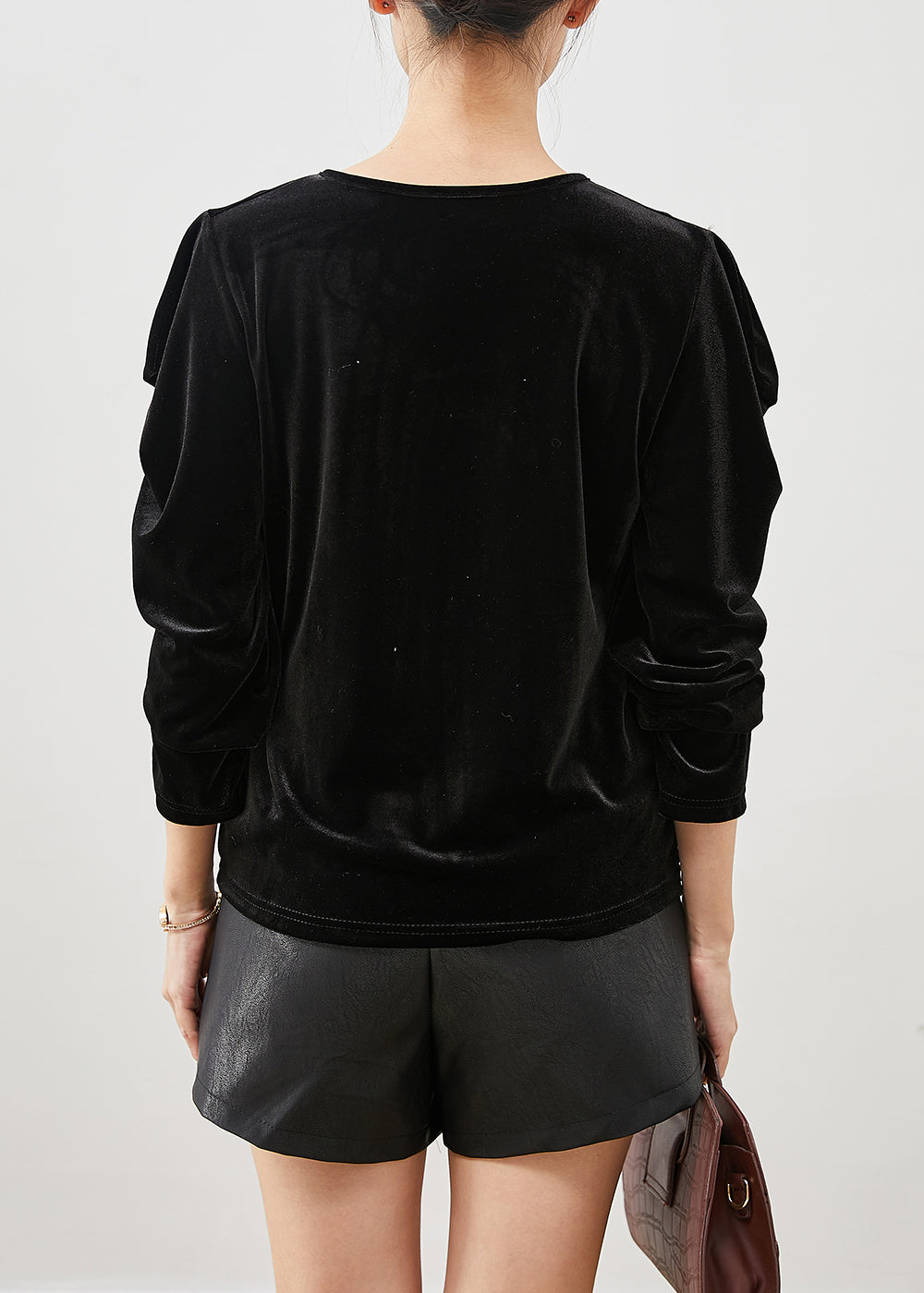 Fitted Black Puff Sleeve Wrinkled Silk Velour Shirts