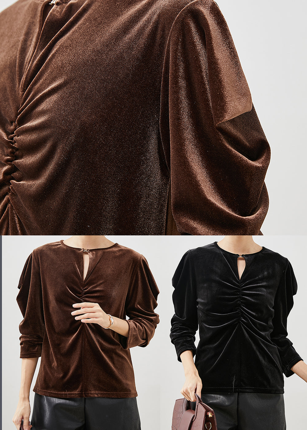 Fitted Black Puff Sleeve Wrinkled Silk Velour Shirts - Omychic