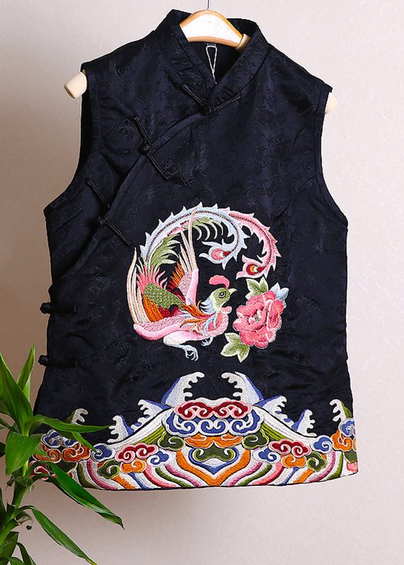 Fitted Black Stand Collar Embroideried Floral Button Waistcoat Fall