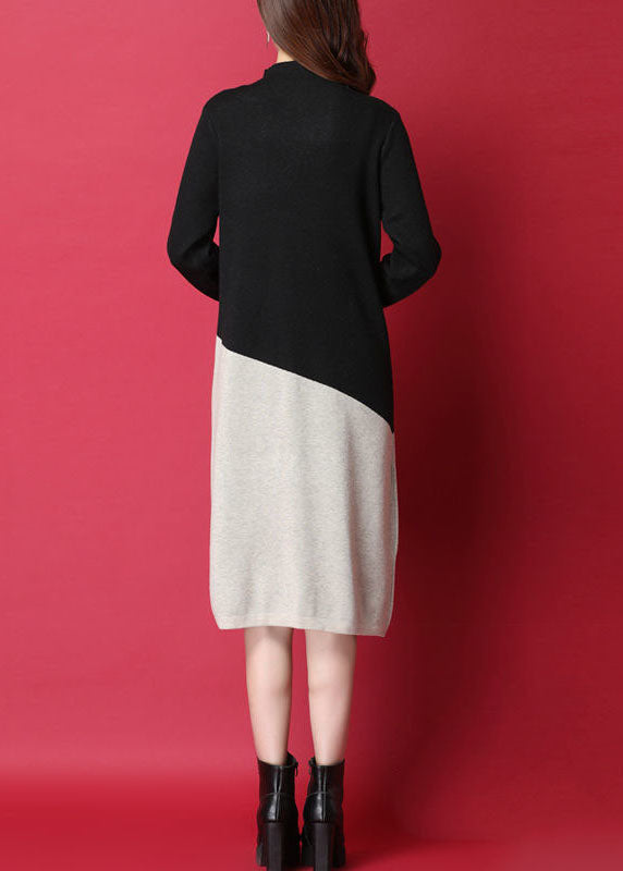 Fitted Black Stand Collar Patchwork Knit Sweater Dress Long Sleeve
