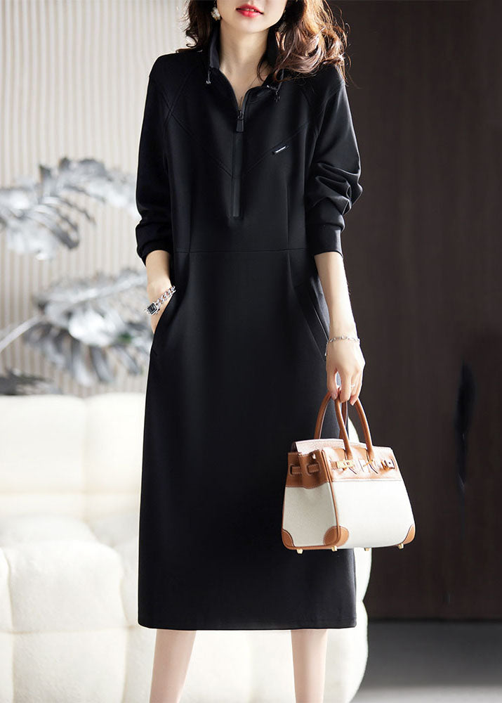 Fitted Black Stand Collar Zippered Patchwork Long Dress Fall
