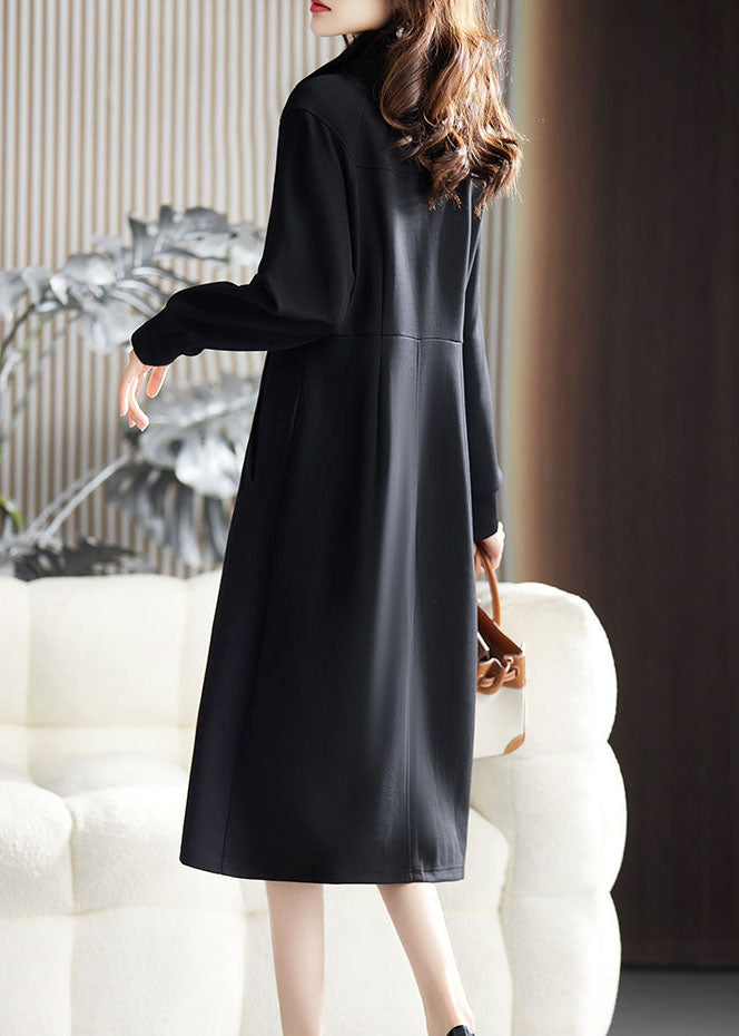 Fitted Black Stand Collar Zippered Patchwork Long Dress Fall