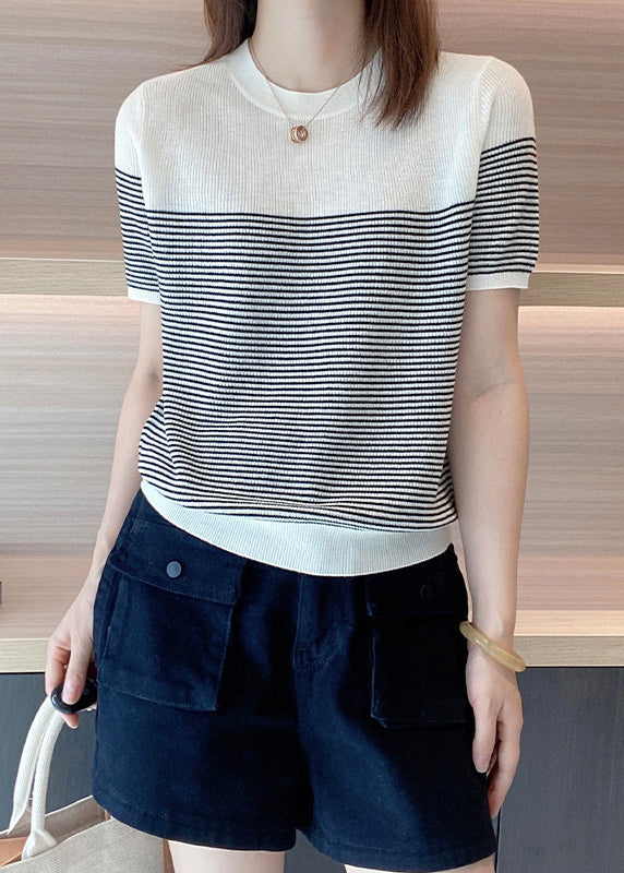 Fitted Black Striped O Neck Patchwork Cotton Knit Top Summer