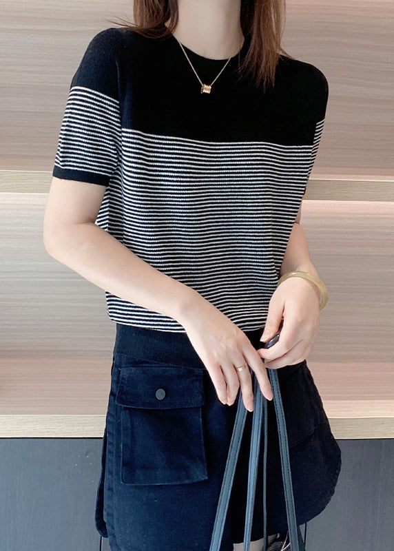 Fitted Black Striped O Neck Patchwork Cotton Knit Top Summer