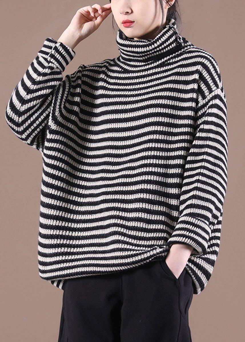 Fitted Black Striped Turtleneck Fall Knit Sweater - Omychic