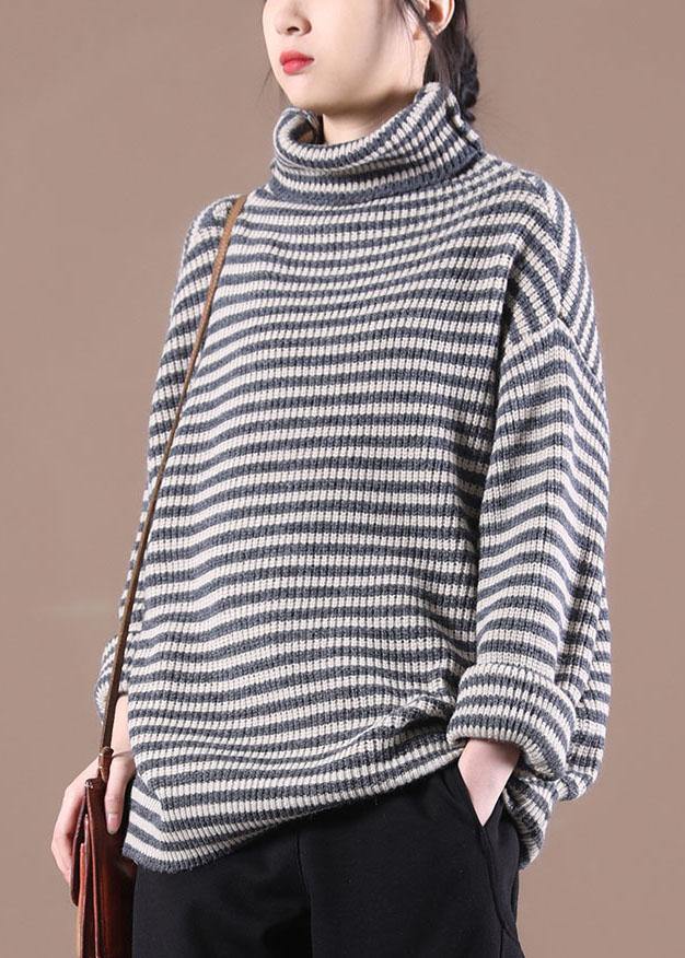 Fitted Black Striped Turtleneck Fall Knit Sweater - Omychic