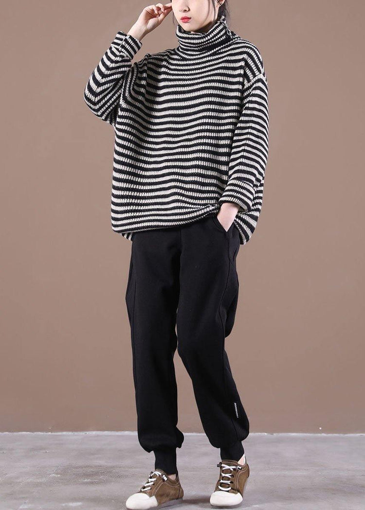 Fitted Black Striped Turtleneck Fall Knit Sweater - Omychic