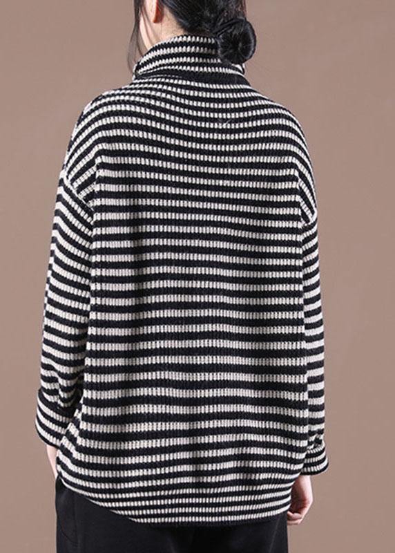 Fitted Black Striped Turtleneck Fall Knit Sweater - Omychic