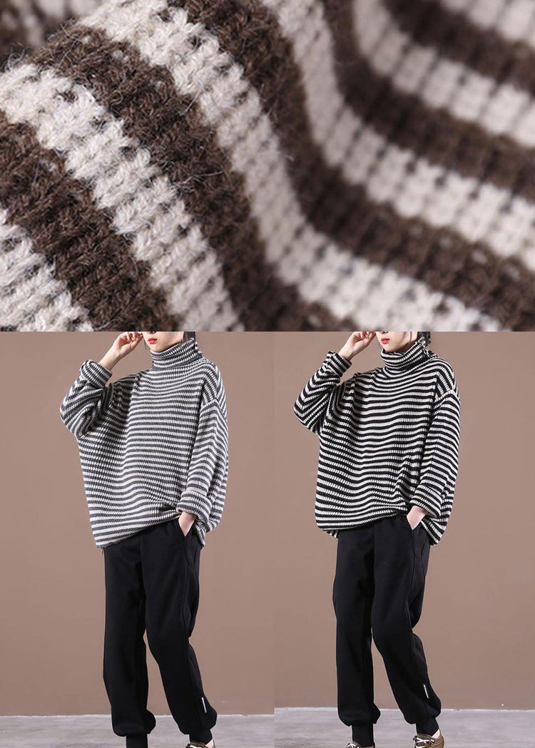 Fitted Black Striped Turtleneck Fall Knit Sweater - Omychic