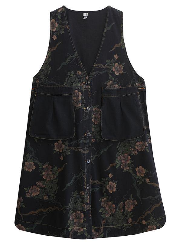 Fitted Black V Neck Button Pockets Print Fall Sleeveless waistcoat - Omychic