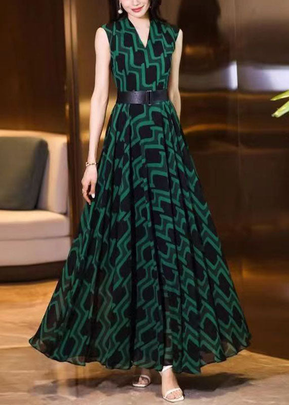 Fitted Blackish Green V Neck Striped Sashes Chiffon Long Dress Sleeveless