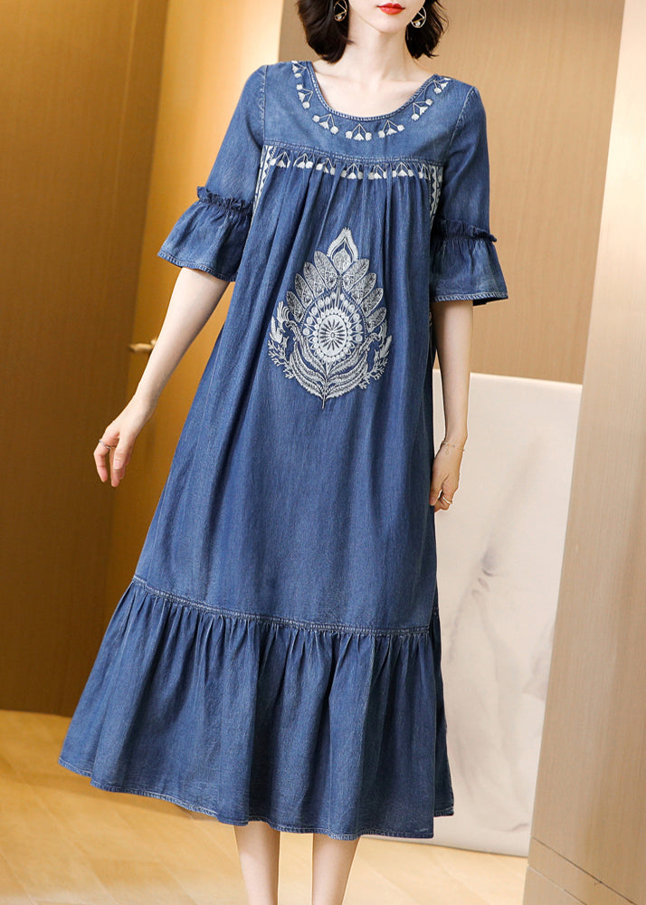 Fitted Blue O-Neck wrinkled Embroideried Cotton Denim Dress Short Sleeve