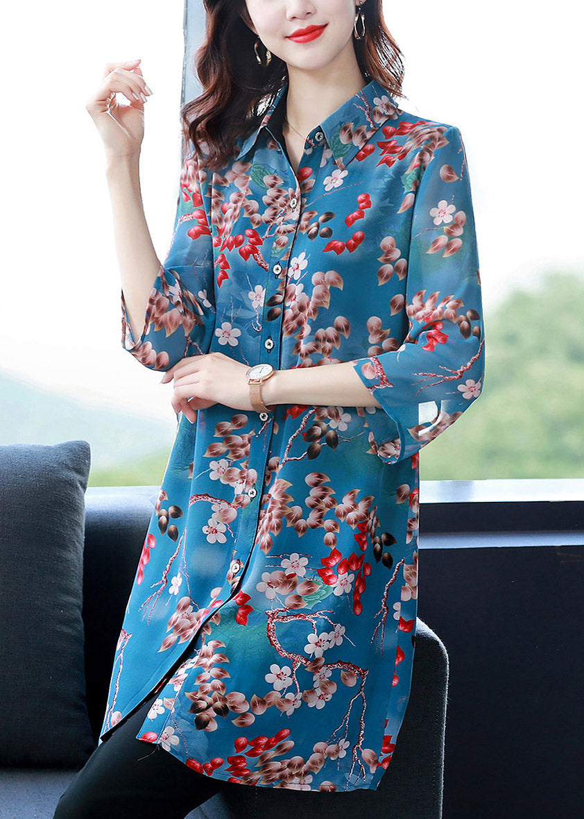 Fitted Blue Peter Pan Collar Print Pockets Chiffon Shirt Long Sleeve