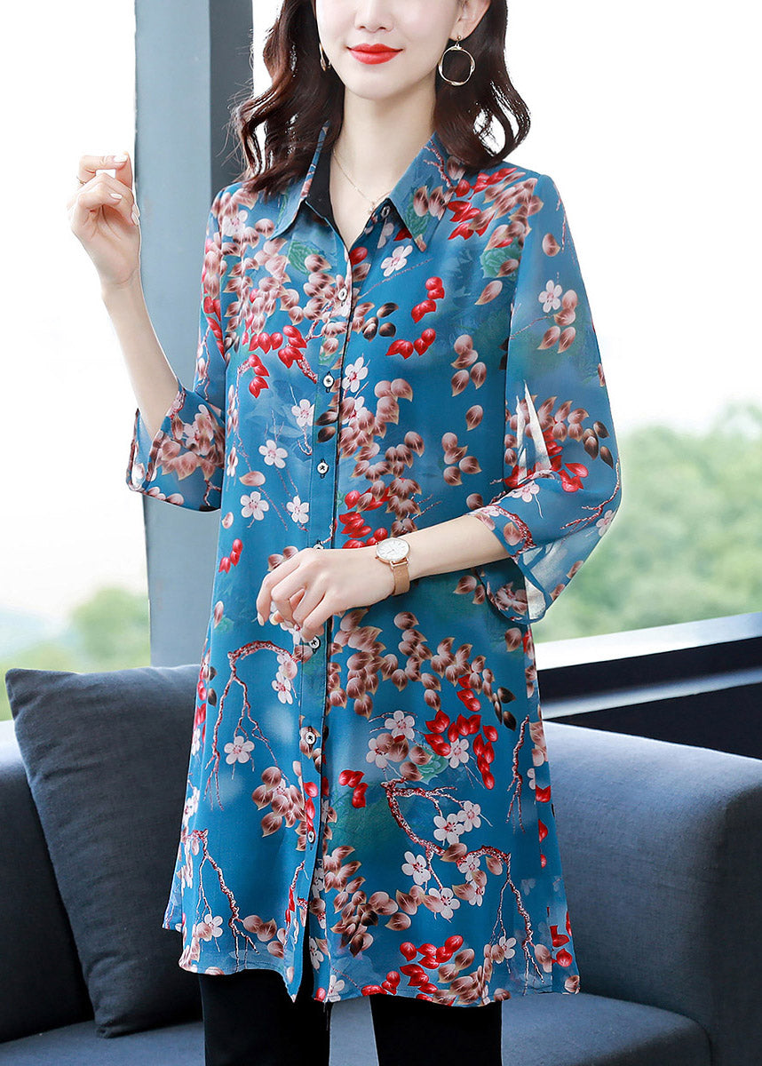 Fitted Blue Peter Pan Collar Print Pockets Chiffon Shirt Long Sleeve