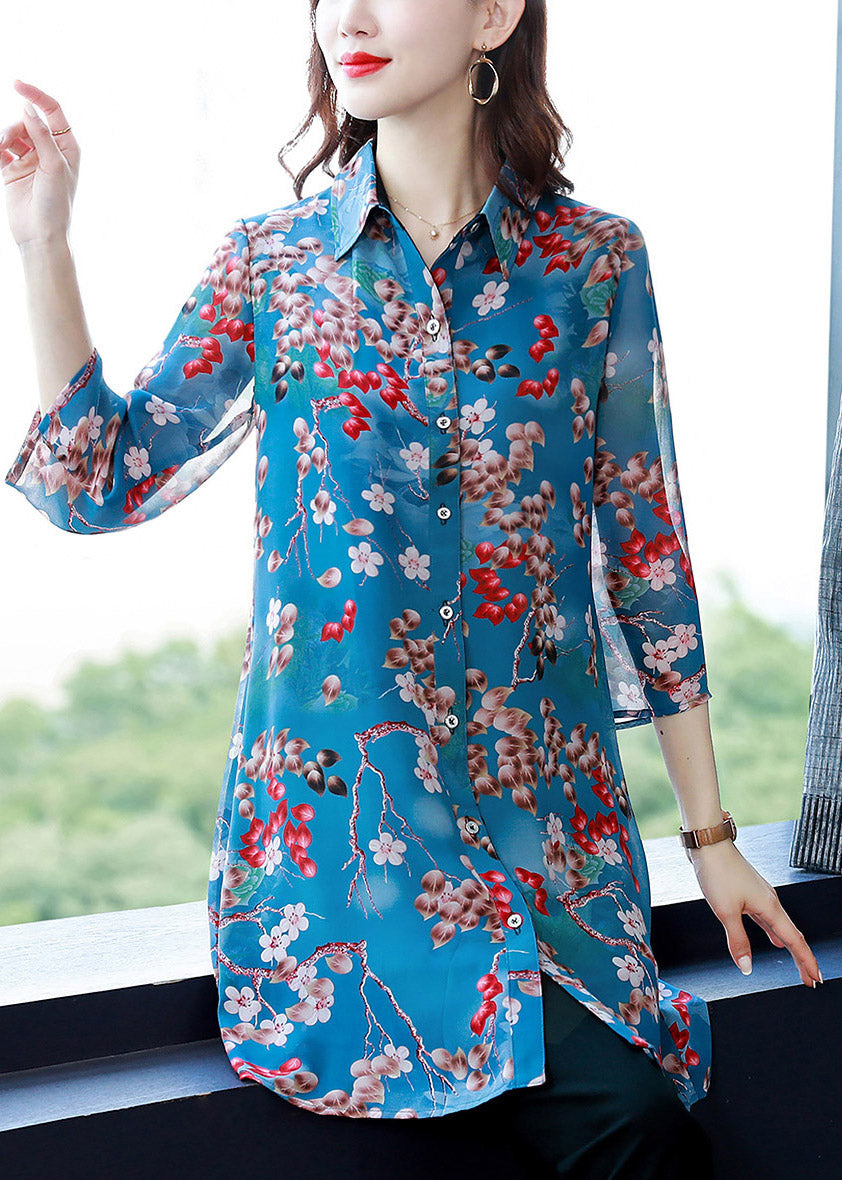 Fitted Blue Peter Pan Collar Print Pockets Chiffon Shirt Long Sleeve