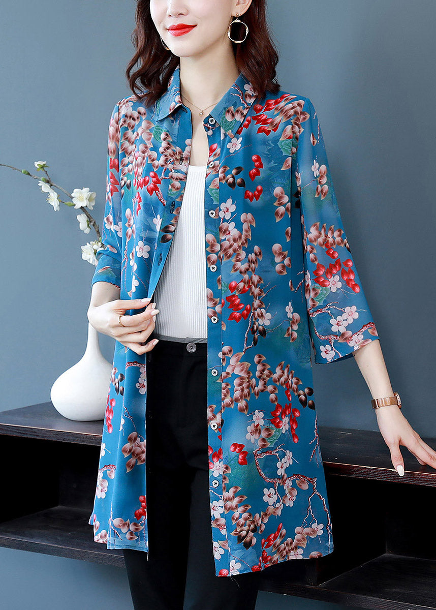 Fitted Blue Peter Pan Collar Print Pockets Chiffon Shirt Long Sleeve