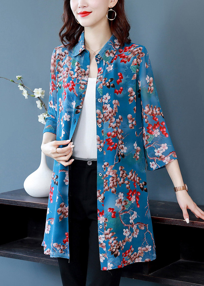 Fitted Blue Peter Pan Collar Print Pockets Chiffon Shirt Long Sleeve