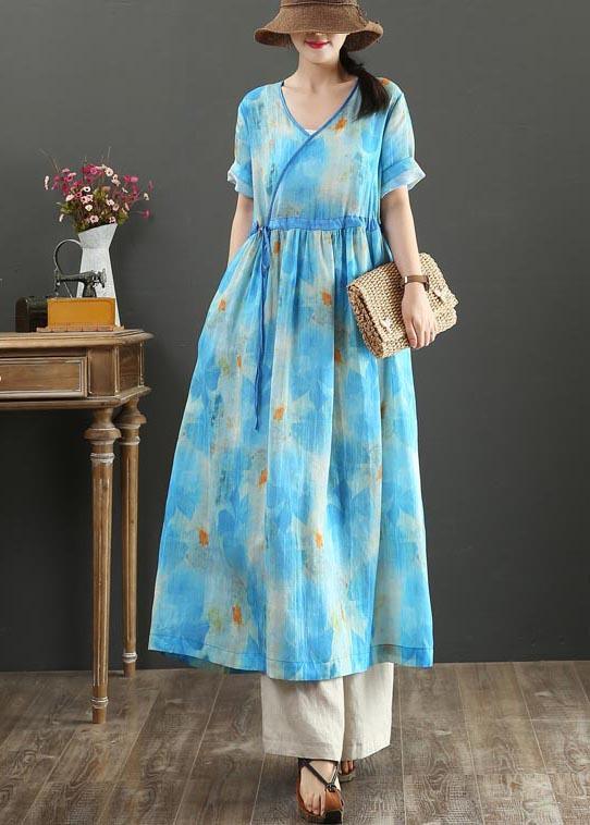 Fitted Blue Print Linen tie waist Summer Vacation Dresses - Omychic