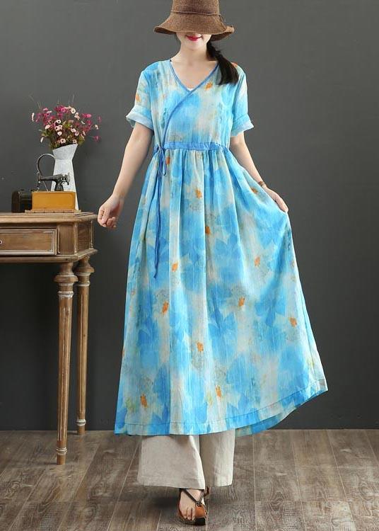 Fitted Blue Print Linen tie waist Summer Vacation Dresses - Omychic