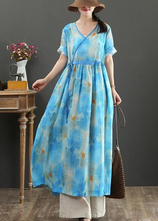 Fitted Blue Print Linen tie waist Summer Vacation Dresses - Omychic