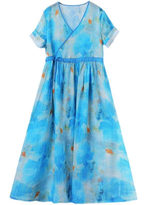 Fitted Blue Print Linen tie waist Summer Vacation Dresses - Omychic
