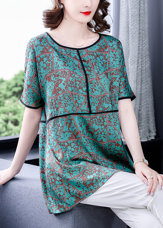 Fitted Blue Print Patchwork Silk Top Short Sleeve