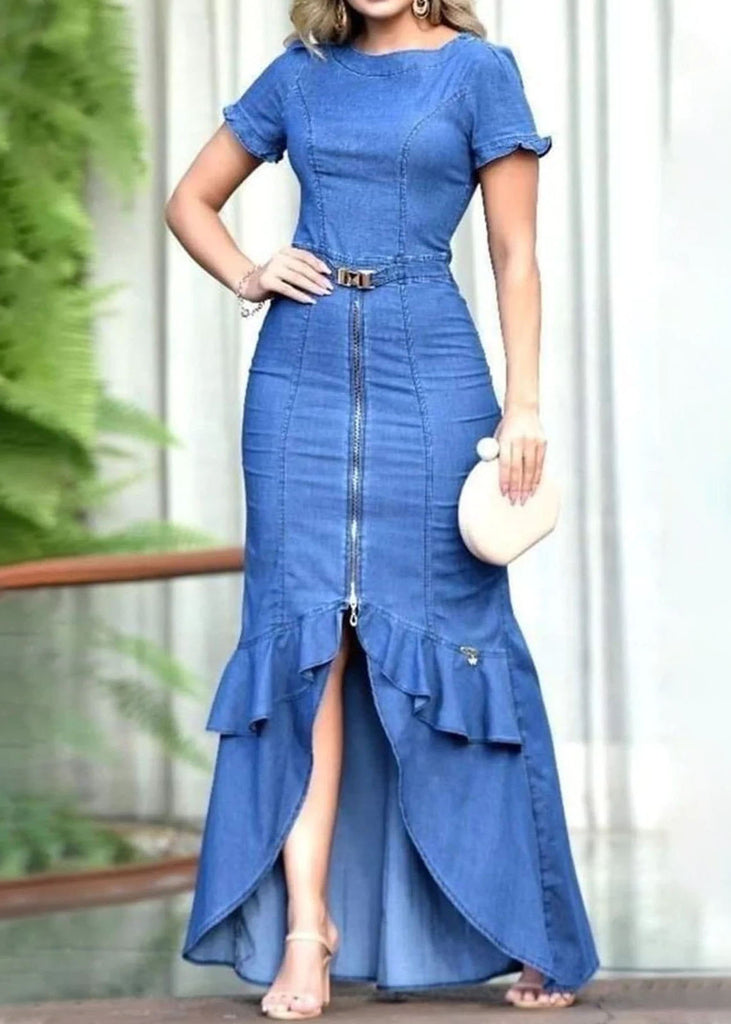 Fitted Blue Ruffled Zip Up Patchwork Denim Long Dress Summer – Omychic