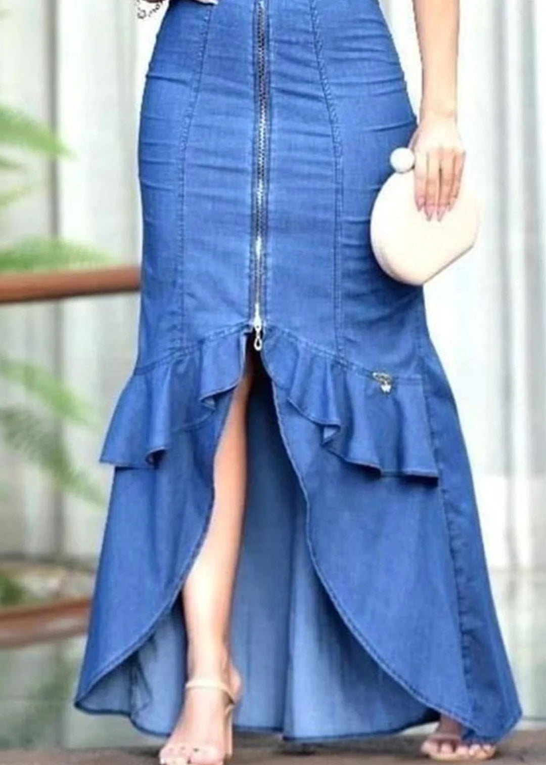 Fitted Blue Ruffled Zip Up Patchwork Denim Long Dress Summer