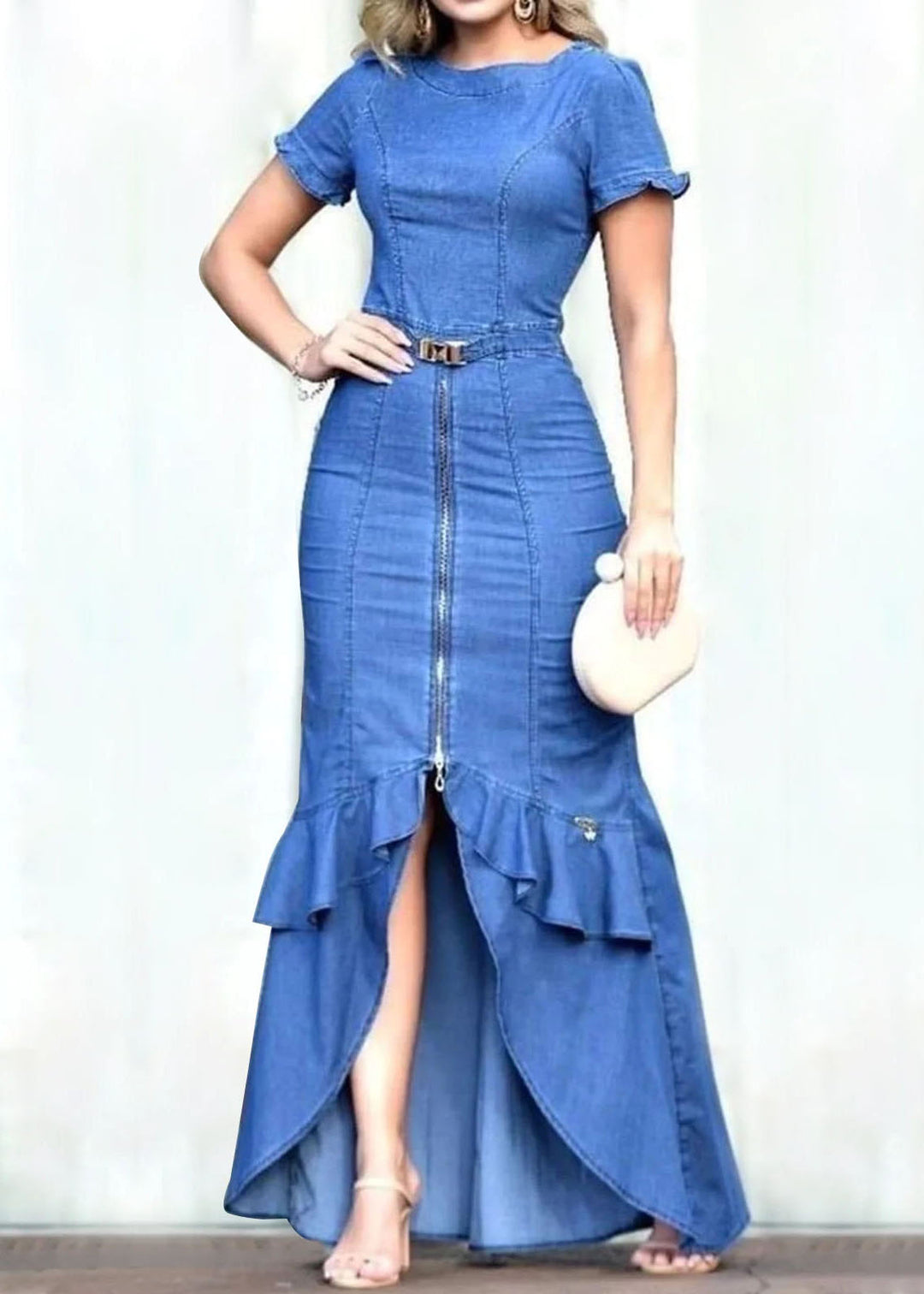 Fitted Blue Ruffled Zip Up Patchwork Denim Long Dress Summer