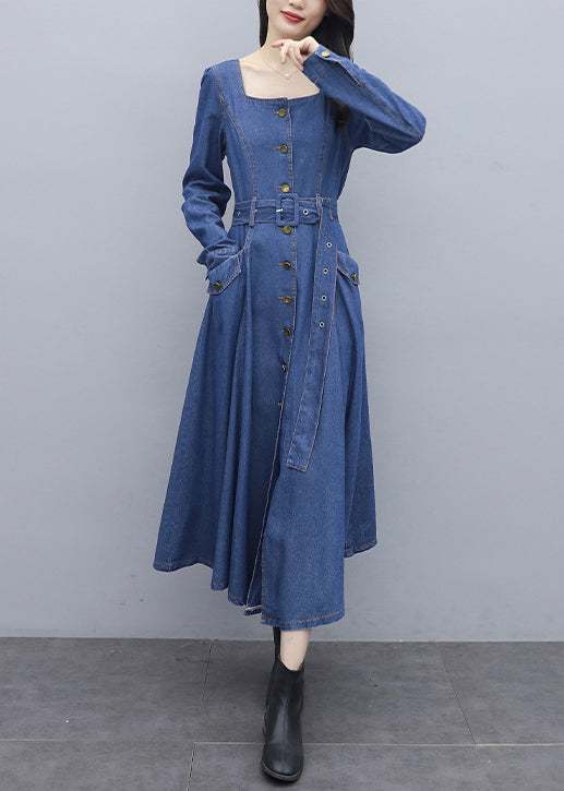 Fitted Blue Square Collar button Sashes pocket Cotton denim Dress Long Sleeve