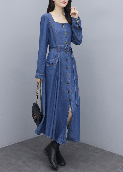 Fitted Blue Square Collar button Sashes pocket Cotton denim Dress Long Sleeve