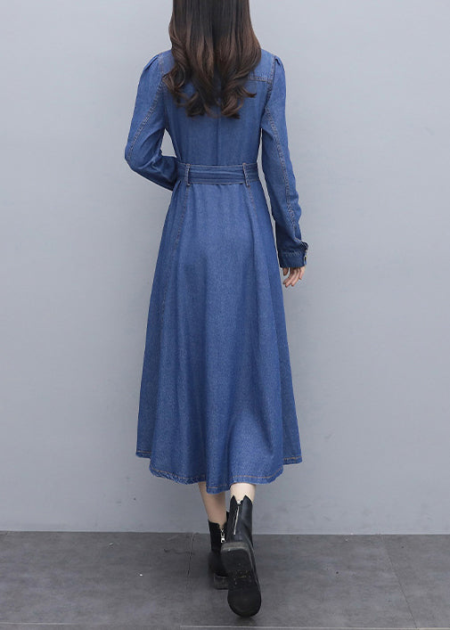 Fitted Blue Square Collar button Sashes pocket Cotton denim Dress Long Sleeve