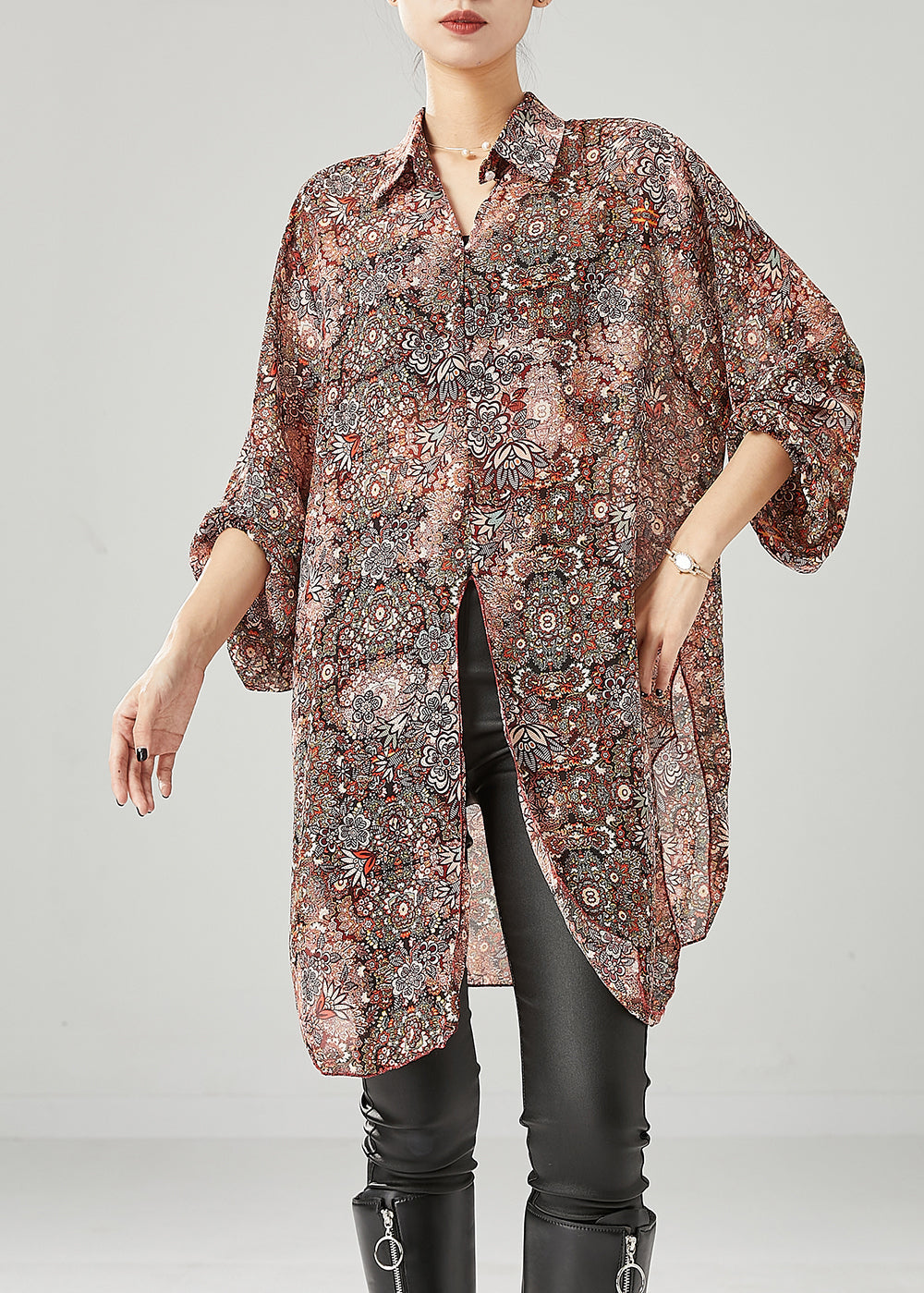 Fitted Brick Red Oversized Print Chiffon Tops Fall