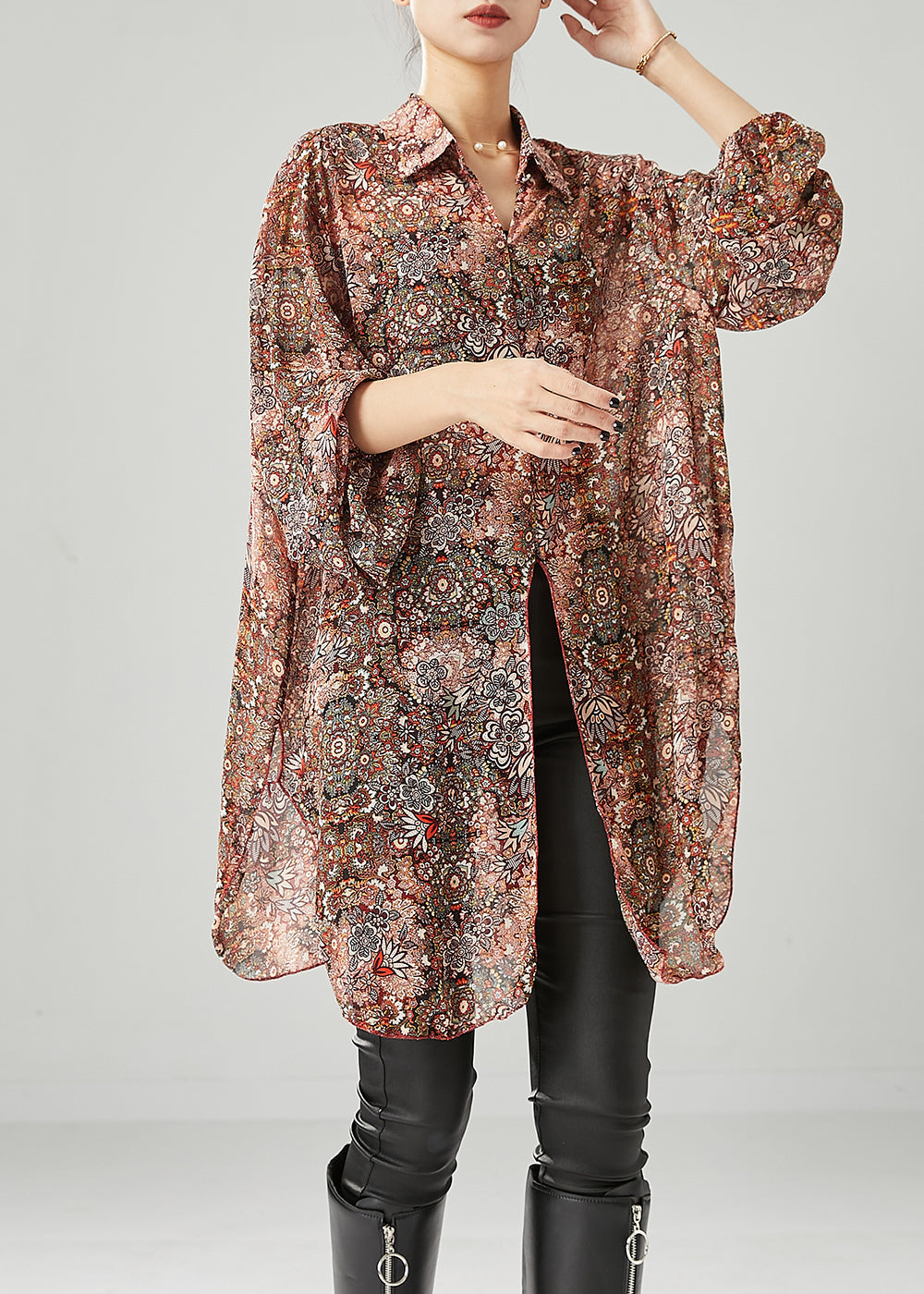 Fitted Brick Red Oversized Print Chiffon Tops Fall