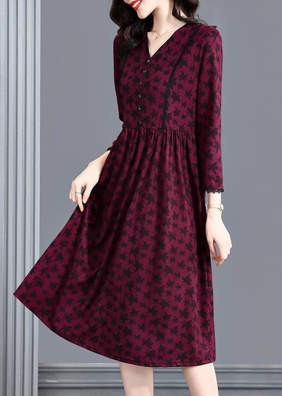 Fitted Brick Red V Neck Patchwork Print Cotton Dress Spring