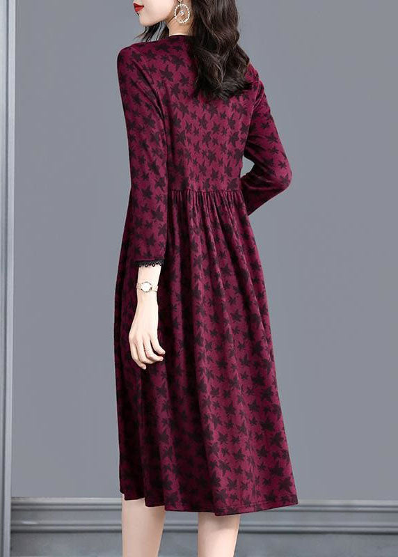 Fitted Brick Red V Neck Patchwork Print Cotton Dress Spring