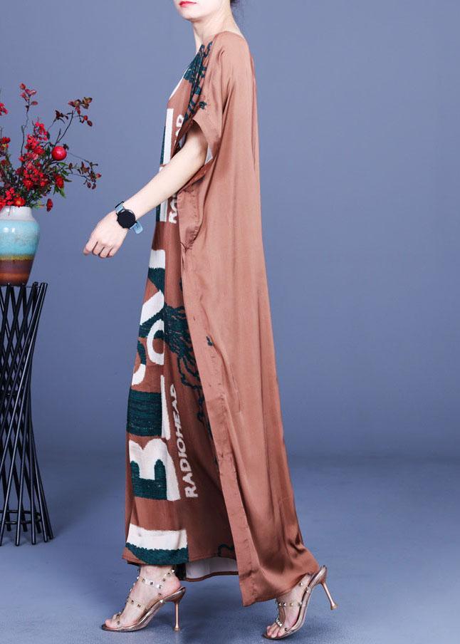 Fitted Chocolate Print Side open Silk Summer Maxi Dresses - Omychic