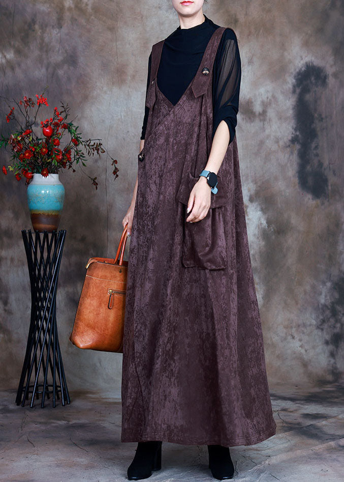 Fitted Coffee Asymmetrical Pockets Velour Dress Sleeveless