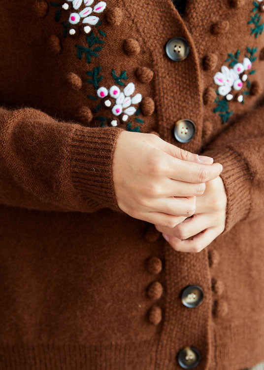 Fitted Coffee Embroideried Button Knit sweaters Coat Winter
