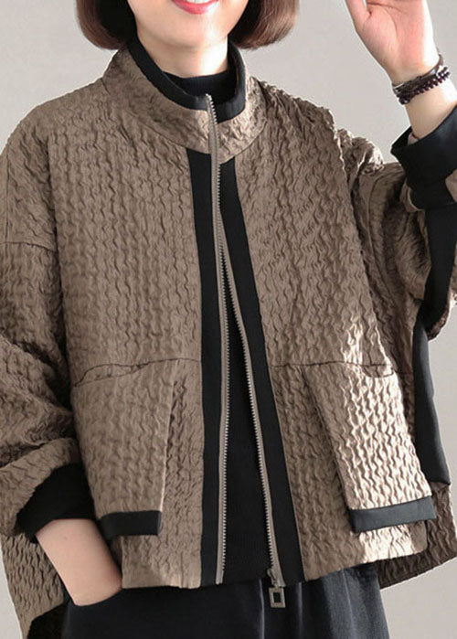Fitted Coffee Patchwork Pockets Coat Spring
