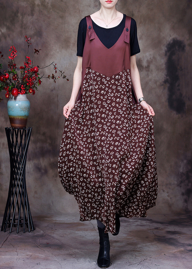 Fitted Coffee Patchwork Print Chiffon Strap Dress And Cotton Tank Two Piece Set Outfits Summer
