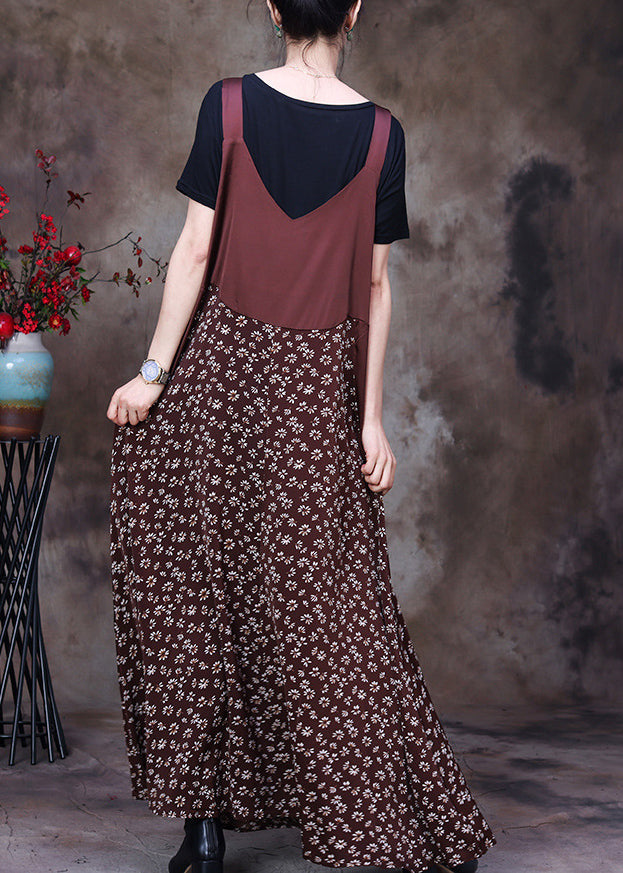 Fitted Coffee Patchwork Print Chiffon Strap Dress And Cotton Tank Two Piece Set Outfits Summer