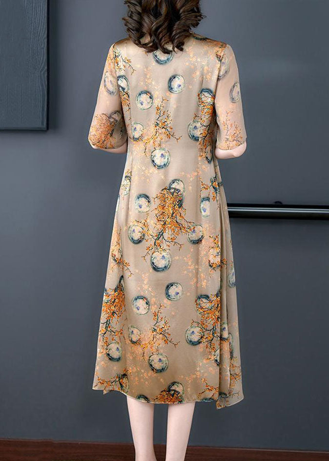 Fitted Coffee V Neck Print Wrinkled Patchwork Silk Dresses Summer