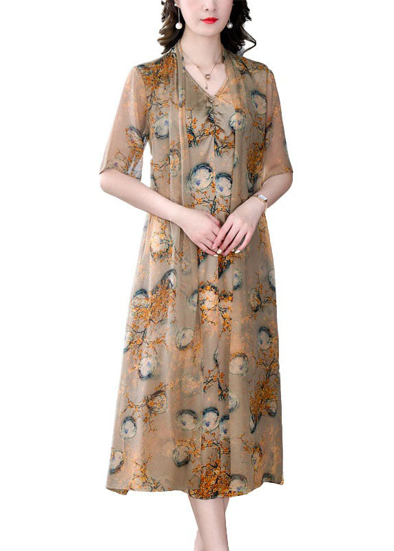 Fitted Coffee V Neck Print Wrinkled Patchwork Silk Dresses Summer