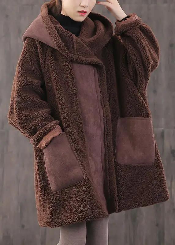 Fitted Coffee zippered Pockets Loose Thick Winter Long sleeve Hooded Coat - Omychic