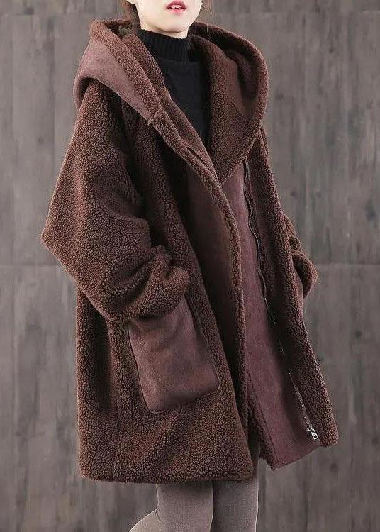 Fitted Coffee zippered Pockets Loose Thick Winter Long sleeve Hooded Coat - Omychic