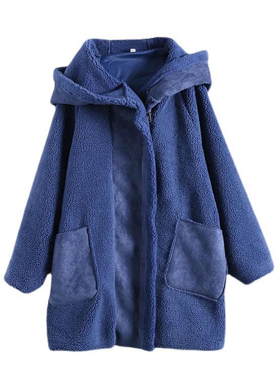 Fitted Coffee zippered Pockets Loose Thick Winter Long sleeve Hooded Coat - Omychic